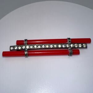Antique Art Deco 1920s silver tone red Czech glass canes rhinestones brooch